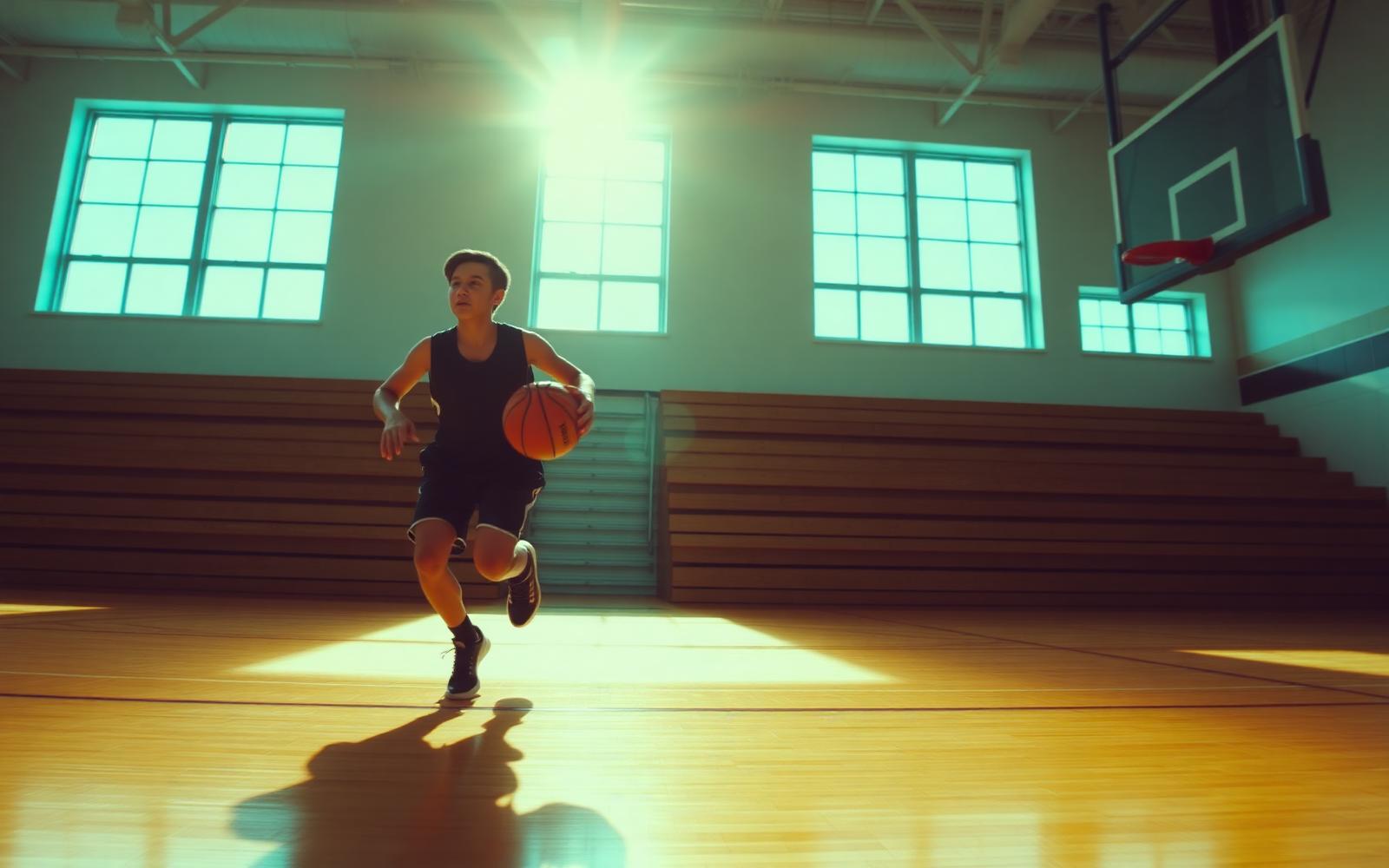 Youth basketball player driving to the hoop